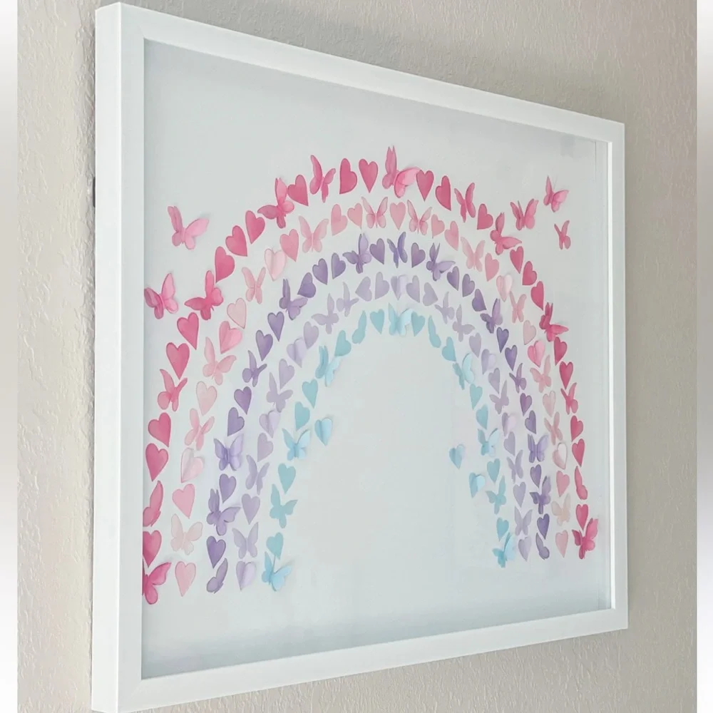 Framed Butterfly Heart Rainbow Wall Art White Decor